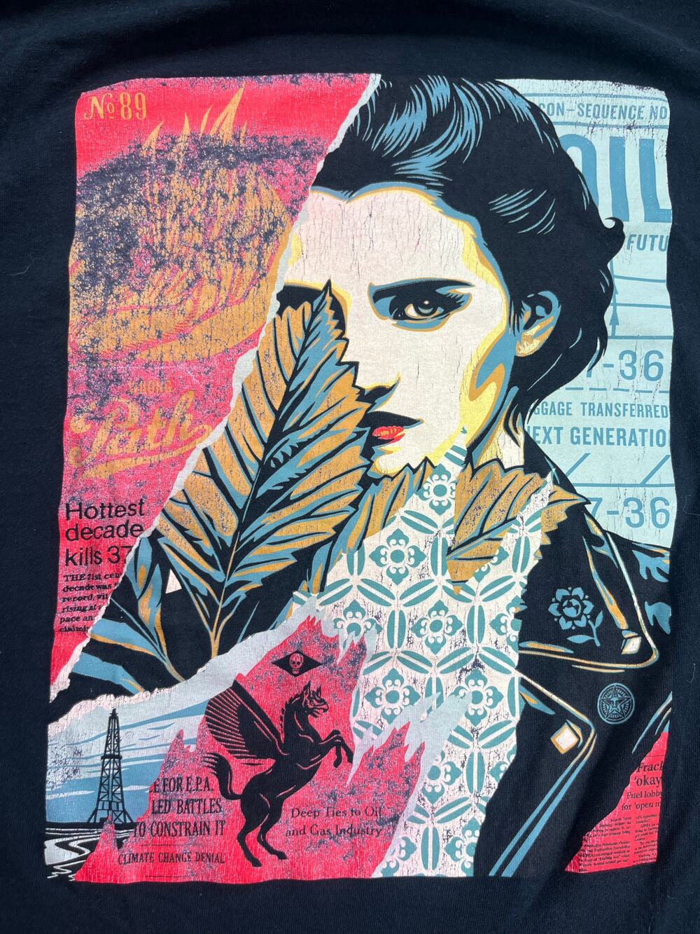 OBEY XL Black Cotton T-Shirt with Colorful Woman Face Graphic on Back
